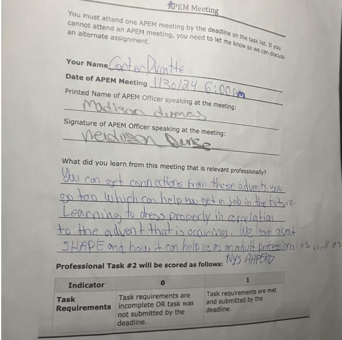 Carter’s APEM meeting attendance and reflection record